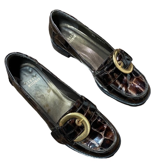 STUART Weitzman Crocodile loafers Brown with gold buckle - Picture 3 of 9